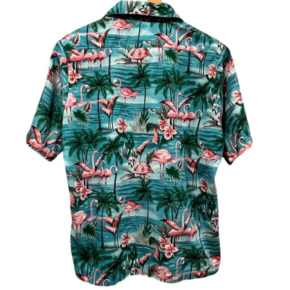 Benny's Retro Flamingo Print Button Down Shirt, Blue Pink Green, M - Picture 7 of 7